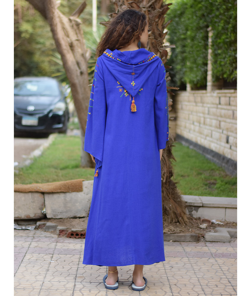 Electric Blue Siwa Heavily Embroidered Linen Dress with Hoodie handmade in Egypt & available at Jozee Boutique.