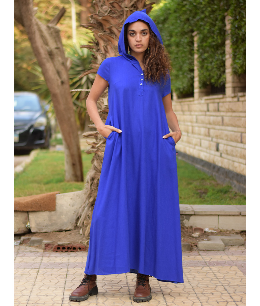 Electric Blue Linen Dress with Hoodie handmade in Egypt & available at Jozee Boutique.
