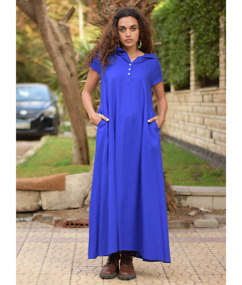 Electric Blue Linen Dress with Hoodie handmade in Egypt & available at Jozee Boutique.