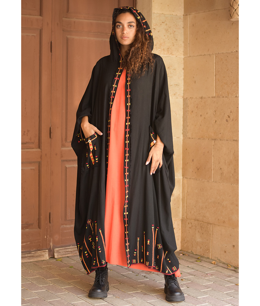 Black Siwa Embroidered Linen Cardigan/Abaya with Hoodie handmade in Egypt & available at Jozee Boutique.