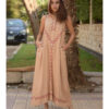 Dark Beige Siwa Embroidered Linen Dress with Hoodie handmade in Egypt & available at Jozee Boutique.