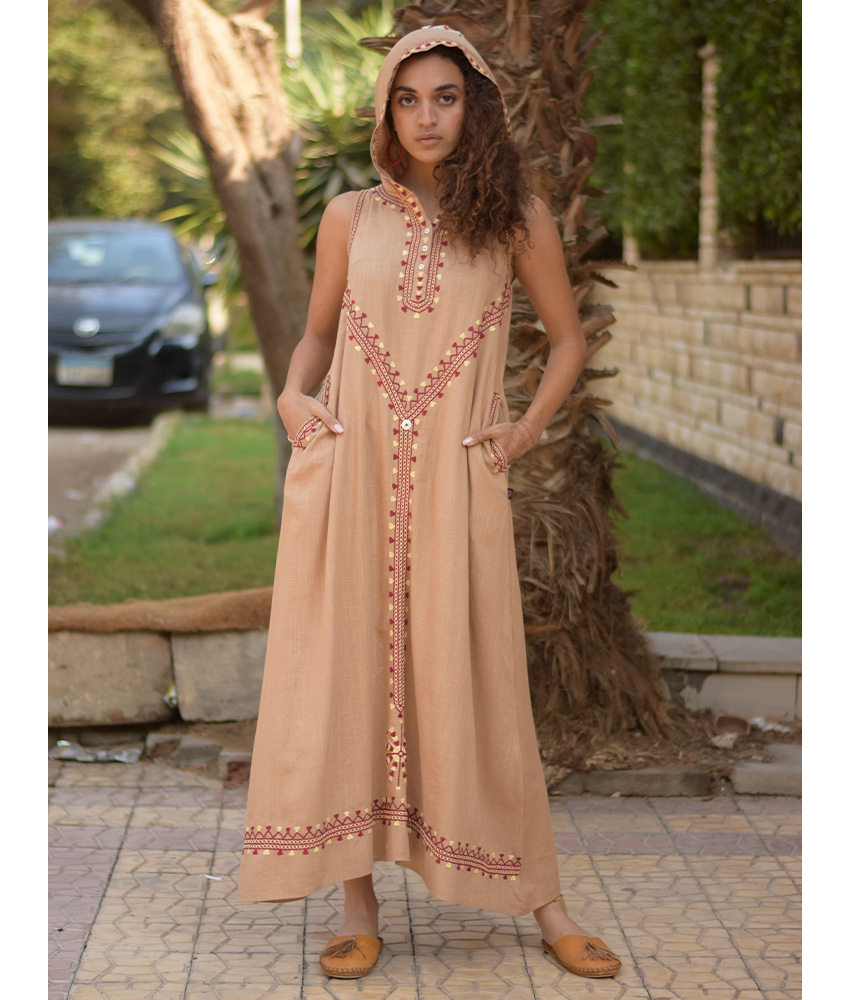 Dark Beige Siwa Embroidered Linen Dress with Hoodie handmade in Egypt & available at Jozee Boutique.