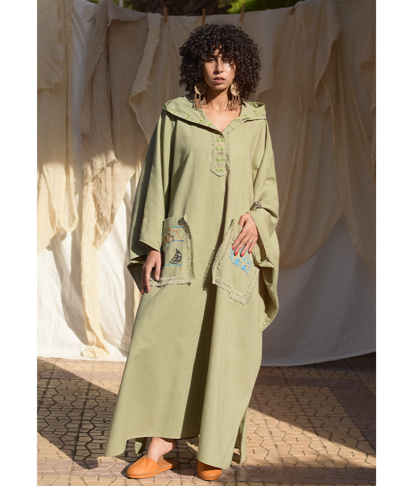 Light Olive Hand Embroidered Linen Kaftan with Hoodie handmade in Egypt & available at Jozee Boutique.