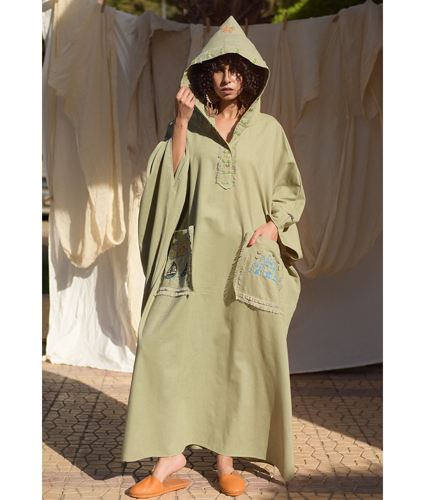 Light Olive Hand Embroidered Linen Kaftan with Hoodie handmade in Egypt & available at Jozee Boutique.