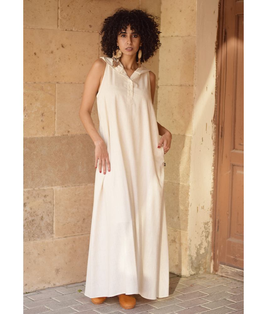 Off White Linen Dress with Hoodie handmade in Egypt & available at Jozee Boutique.