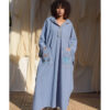 Denim Blue Hand Embroidered Linen Kaftan with Hoodie handmade in Egypt & available at Jozee Boutique.