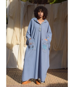 Denim Blue Hand Embroidered Linen Kaftan with Hoodie handmade in Egypt & available at Jozee Boutique.