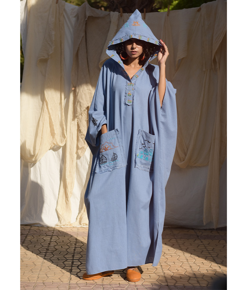 Denim Blue Hand Embroidered Linen Kaftan with Hoodie handmade in Egypt & available at Jozee Boutique.