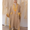 Dark Beige Siwa Embroidered Linen Kaftan with Hoodie handmade in Egypt & available at Jozee Boutique.