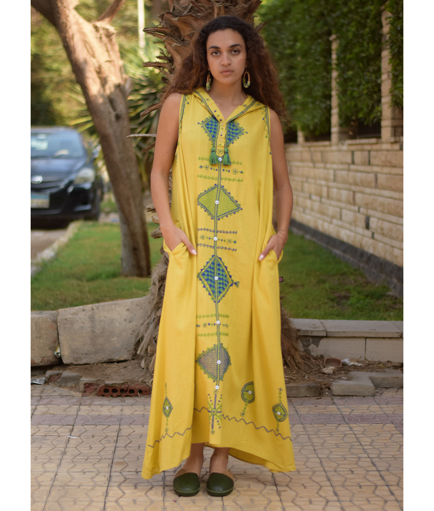 Mustard Siwa Heavily Embroidered Linen Dress with Hoodie handmade in Egypt & available at Jozee Boutique.