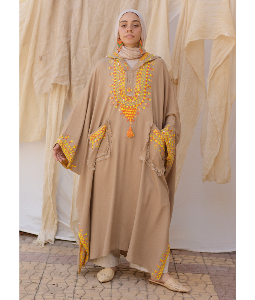 Dark Beige Siwa Embroidered Linen Kaftan with Hoodie handmade in Egypt & available at Jozee Boutique.