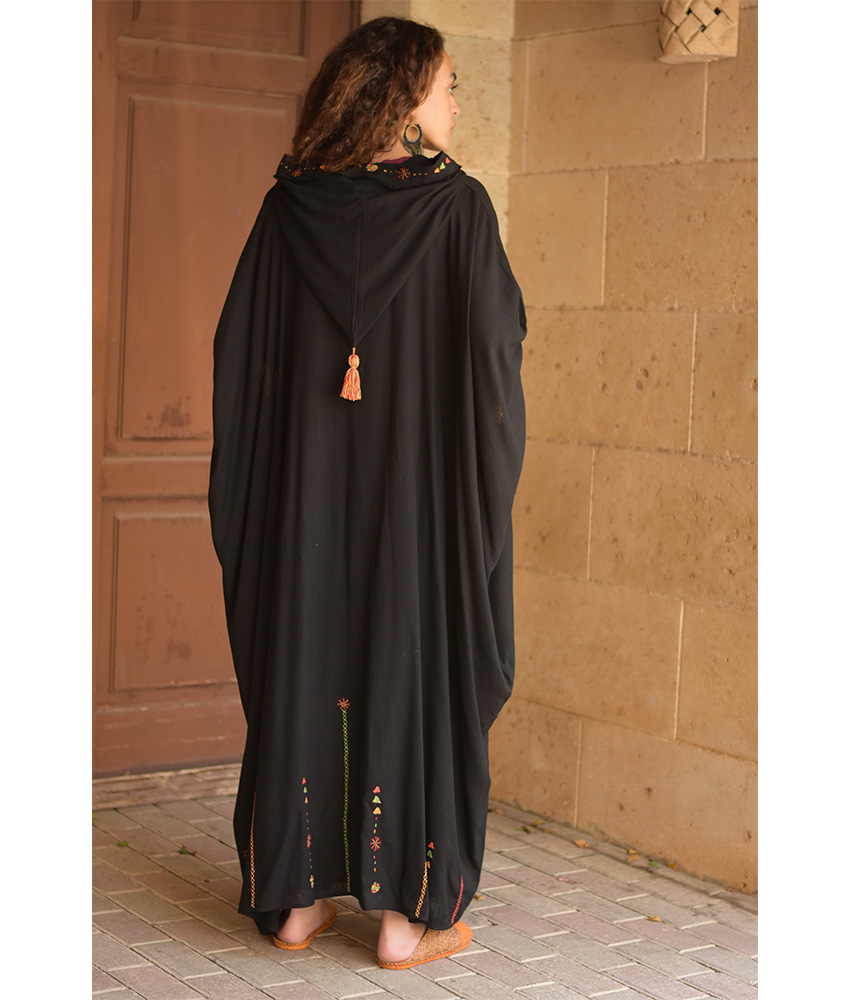 Black Siwa Embroidered Linen Cardigan/Abaya with Hoodie handmade in Egypt & available at Jozee Boutique.