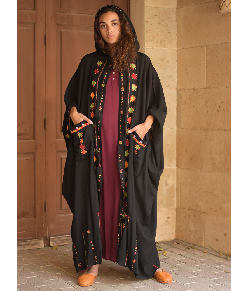 Black Siwa Embroidered Linen Cardigan/Abaya with Hoodie handmade in Egypt & available at Jozee Boutique.