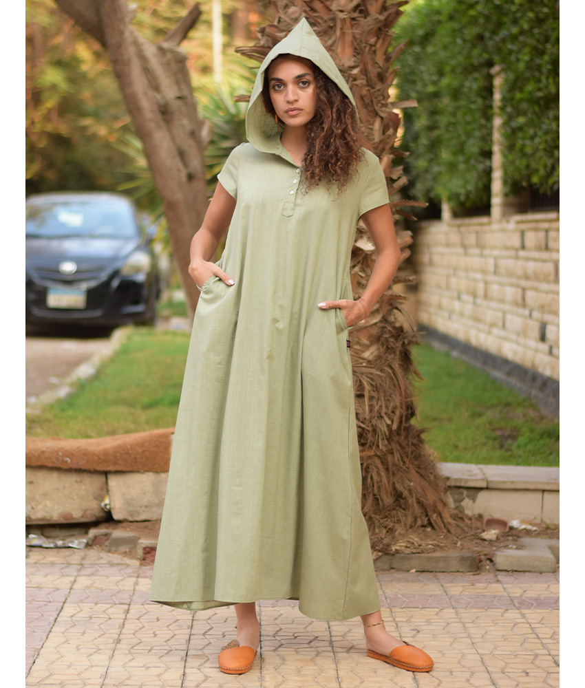 Light olive Linen Dress with Hoodie handmade in Egypt & available at Jozee Boutique.