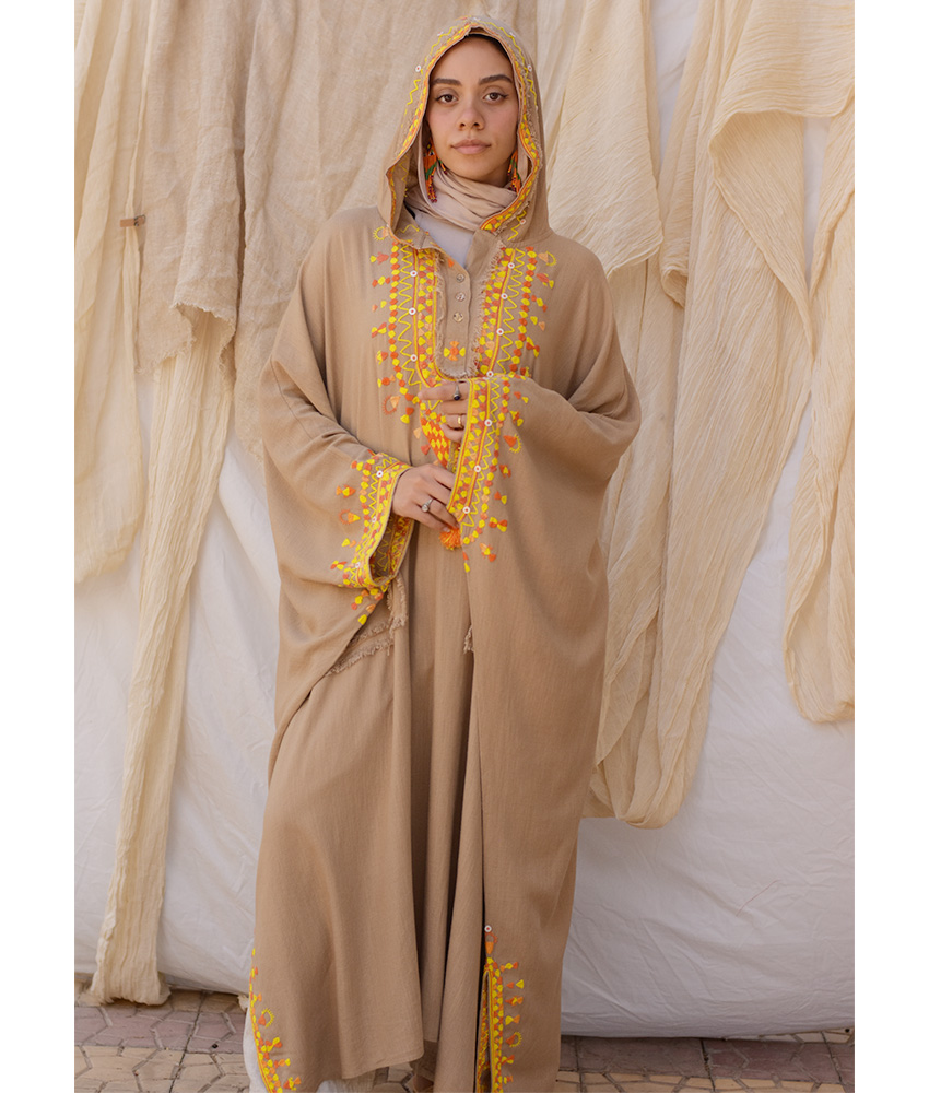 Dark Beige Siwa Embroidered Linen Kaftan with Hoodie handmade in Egypt & available at Jozee Boutique.