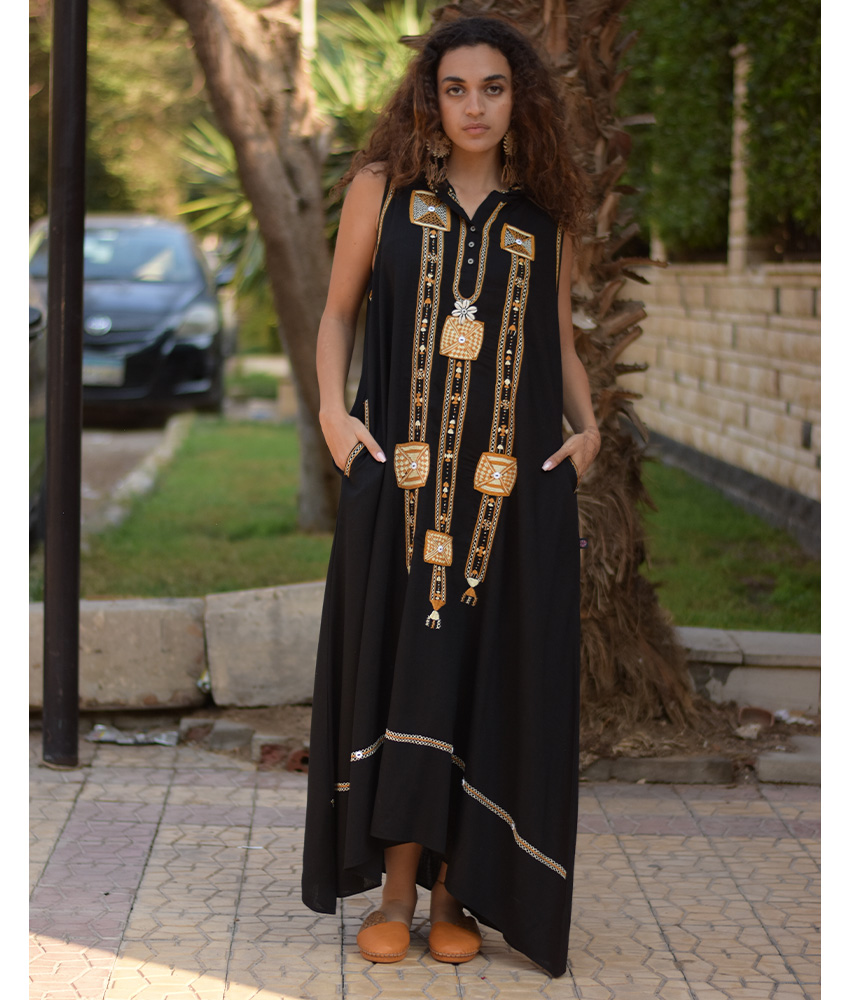 Black Siwa Embroidered Linen Dress with Hoodie handmade in Egypt & available at Jozee Boutique.