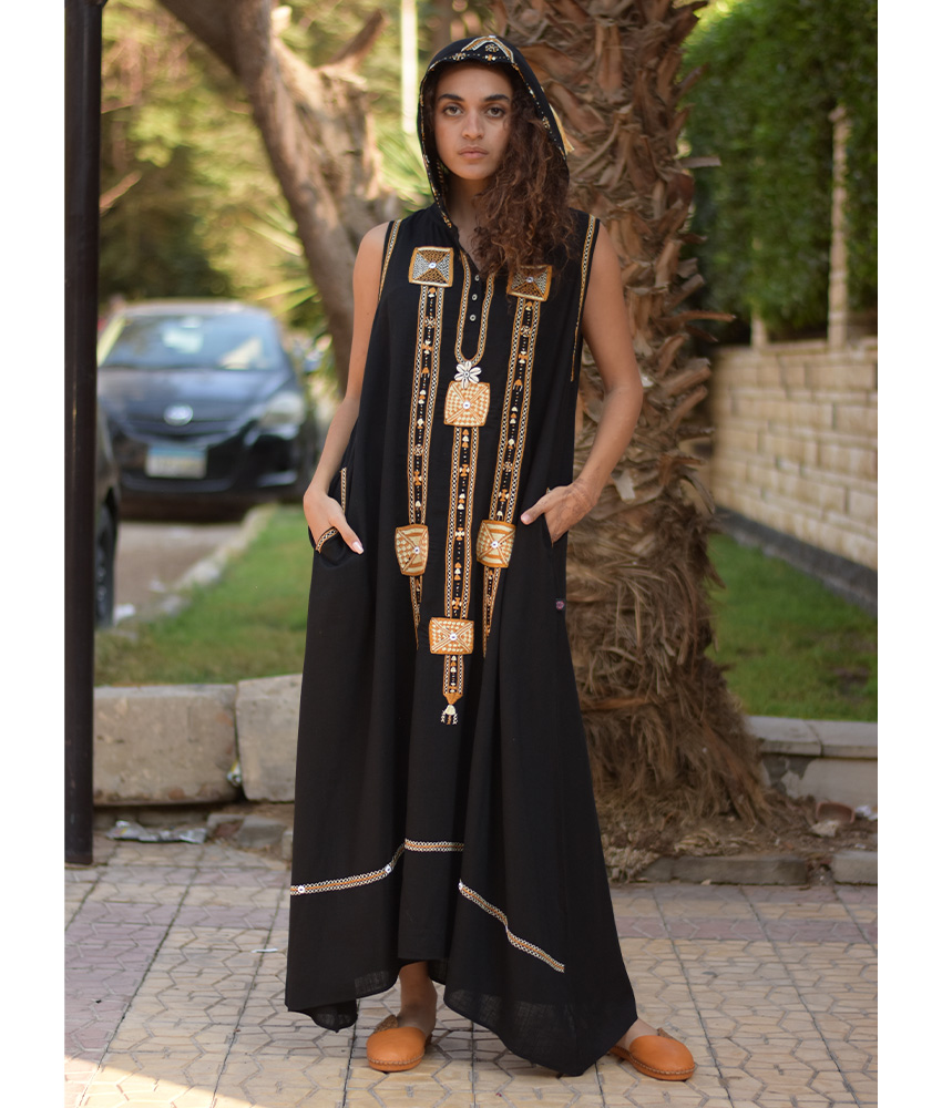 Black Siwa Embroidered Linen Dress with Hoodie handmade in Egypt & available at Jozee Boutique.