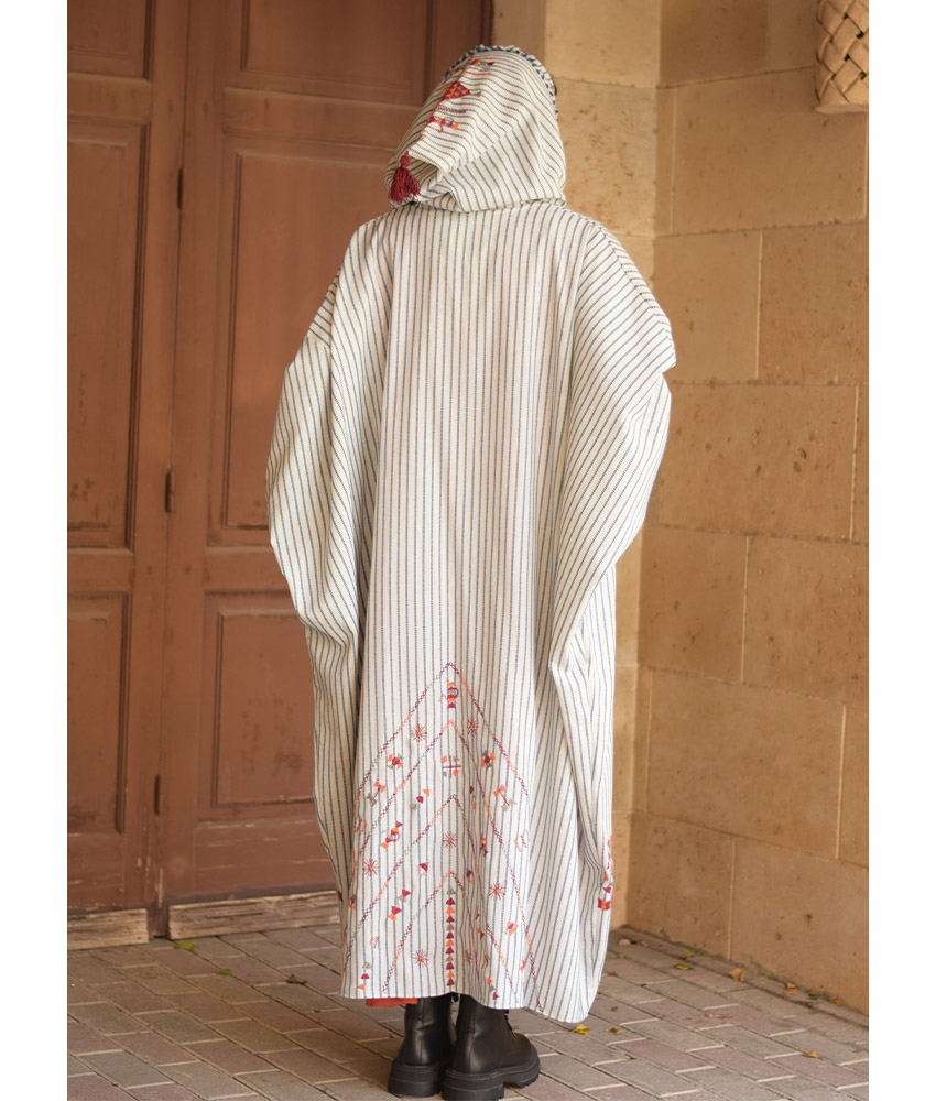 Off White & Blue Stripped Siwa Embroidered Heavy Linen Cardigan with Hoodie handmade in Egypt & available at Jozee Boutique.
