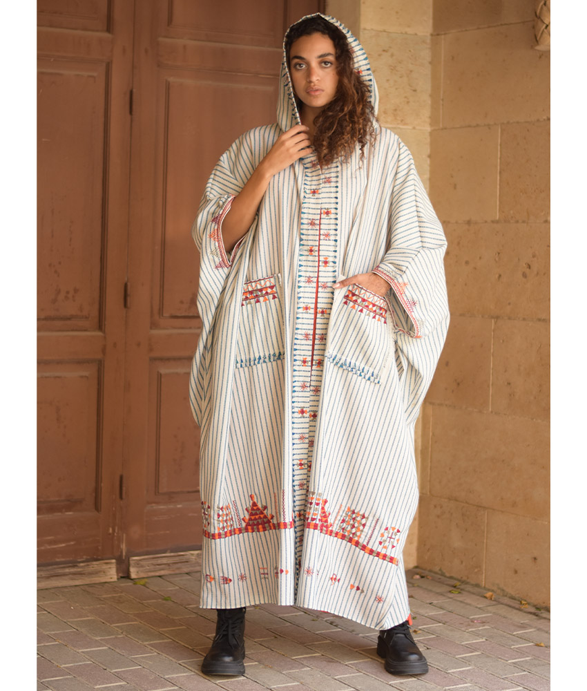 Off White & Blue Stripped Siwa Embroidered Heavy Linen Cardigan with Hoodie handmade in Egypt & available at Jozee Boutique.