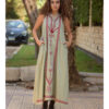 Light olive Siwa Embroidered Linen Dress with Hoodie handmade in Egypt & available at Jozee Boutique.
