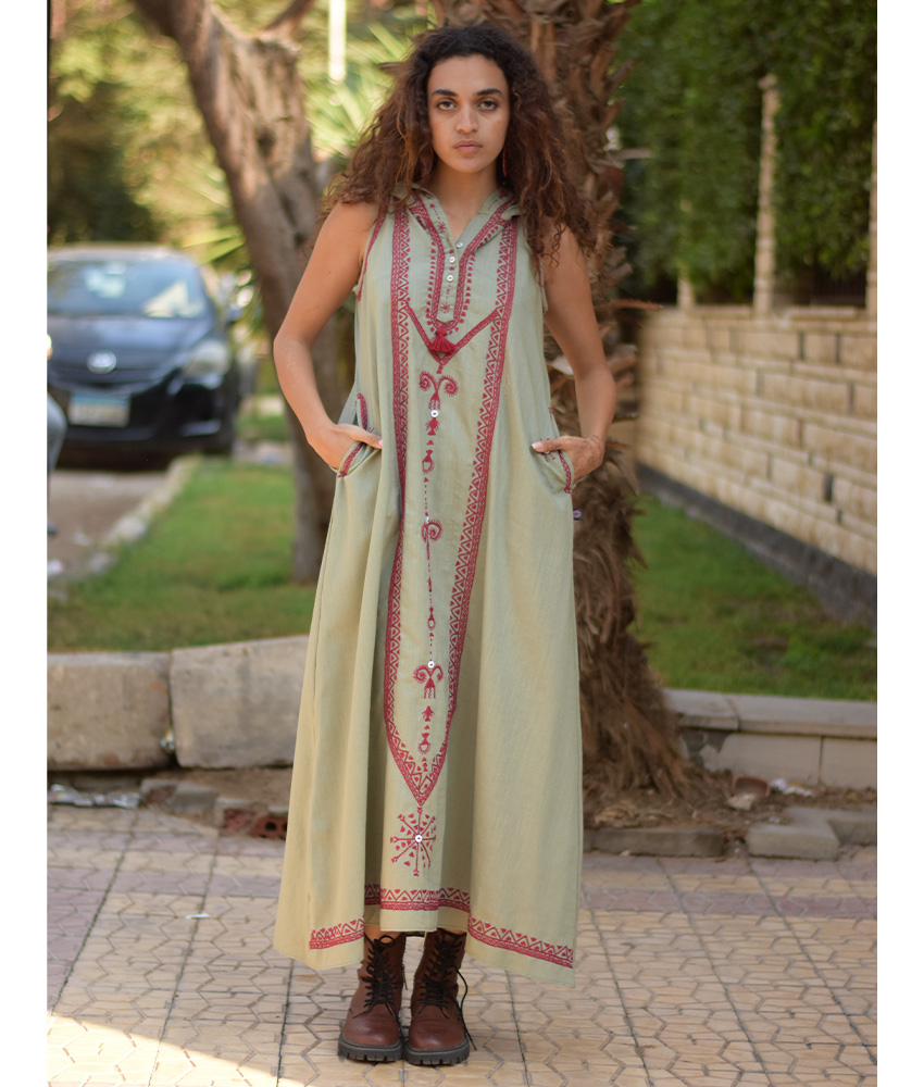 Light olive Siwa Embroidered Linen Dress with Hoodie handmade in Egypt & available at Jozee Boutique.