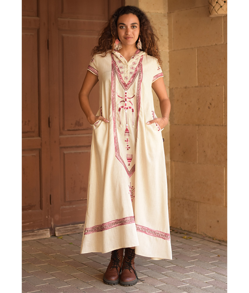 Off white Siwa Embroidered Linen Dress with Hoodie handmade in Egypt & available at Jozee Boutique.