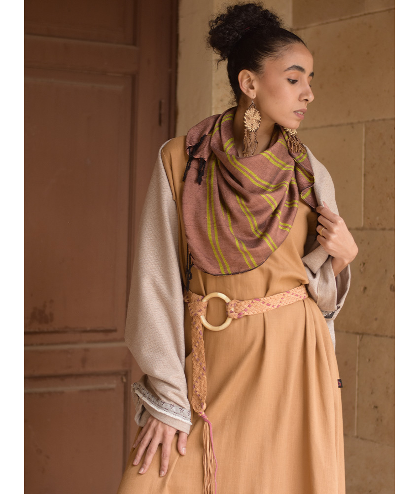 Saumon & Green Handwoven Viscose Square Scarf handmade in Egypt & available at Jozee Boutique.handmade in Egypt & available at Jozee Boutique.