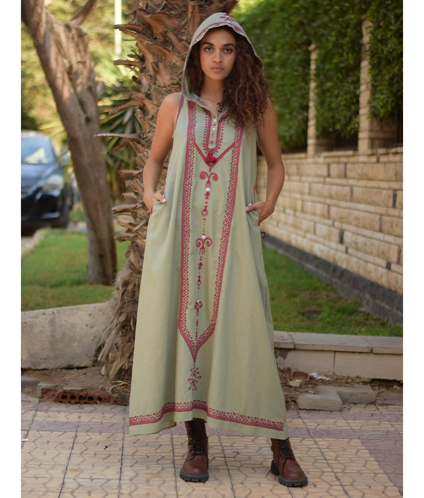 Light olive Siwa Embroidered Linen Dress with Hoodie handmade in Egypt & available at Jozee Boutique.