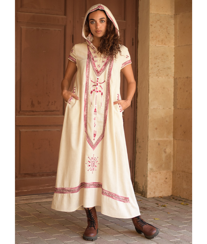 Off white Siwa Embroidered Linen Dress with Hoodie handmade in Egypt & available at Jozee Boutique.