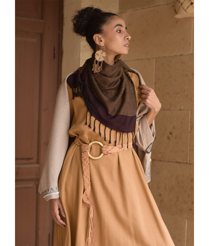 Brown Handwoven Viscose Square Scarf handmade in Egypt & available at Jozee Boutique.handmade in Egypt & available at Jozee Boutique.