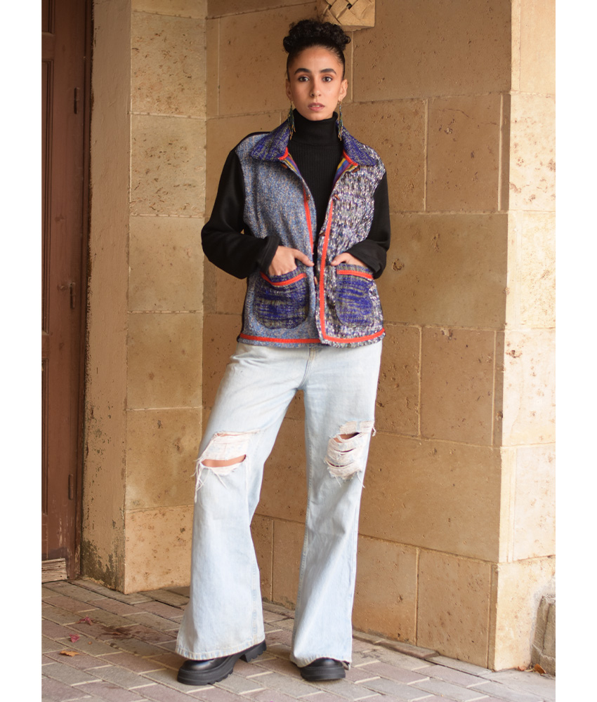 Black & Multicolored Cropped Akhmim Loomwoven Jacket handmade in Egypt & available at Jozee Boutique.handmade in Egypt & available at Jozee Boutique.