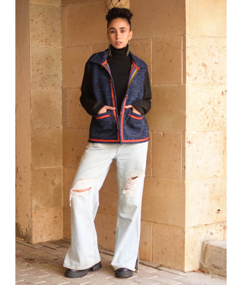 Black & dark Blue Cropped Akhmim Loomwoven Jacket handmade in Egypt & available at Jozee Boutique.handmade in Egypt & available at Jozee Boutique.