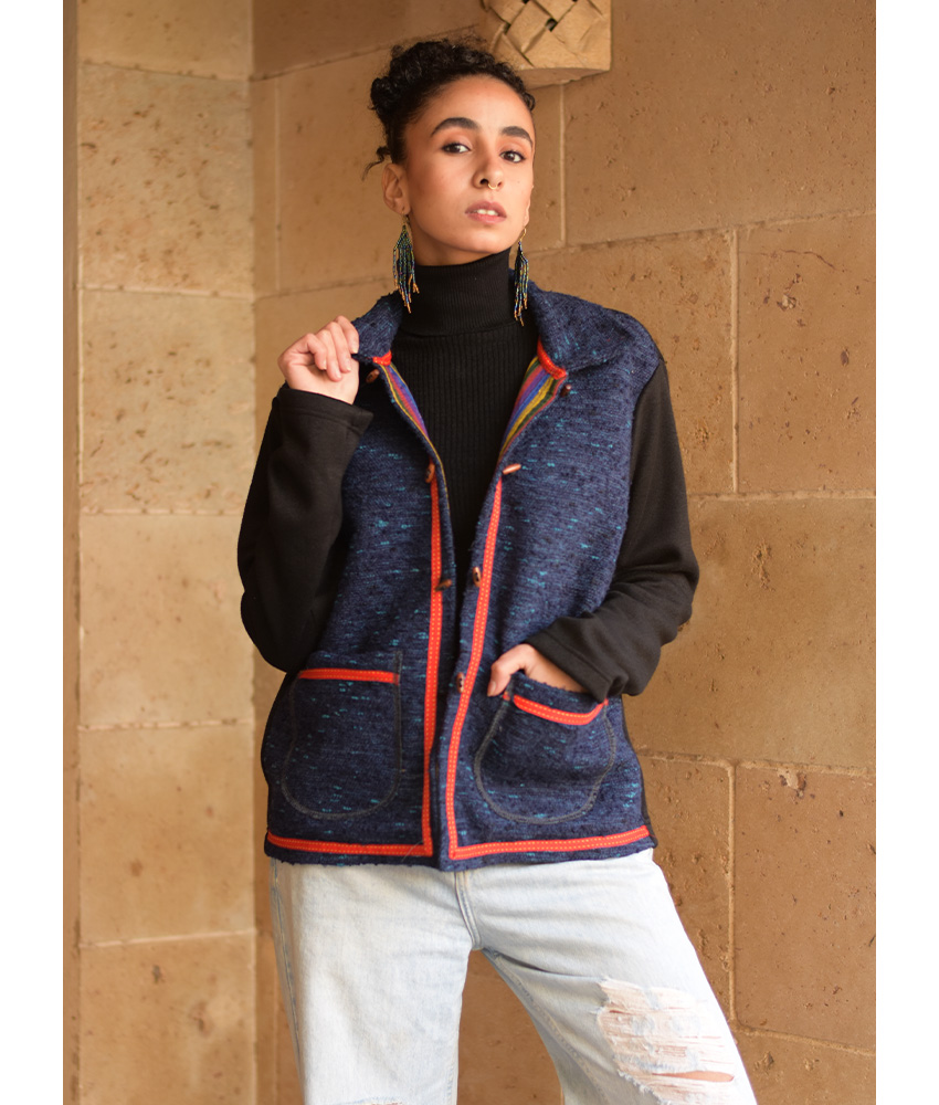 Black & dark Blue Cropped Akhmim Loomwoven Jacket handmade in Egypt & available at Jozee Boutique.handmade in Egypt & available at Jozee Boutique.