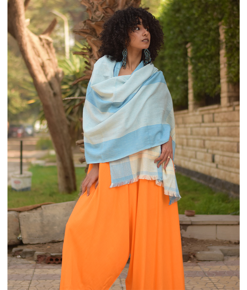 Baby blue & beige Handwoven Viscose/Cotton Shawl handmade in Egypt & available at Jozee Boutique.handmade in Egypt & available at Jozee Boutique.