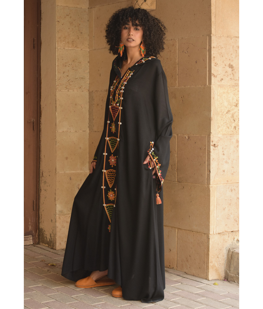 Black Siwa Heavily Embroidered Linen Dress with Hoodie – Long Sleeves – Fits L & XL
