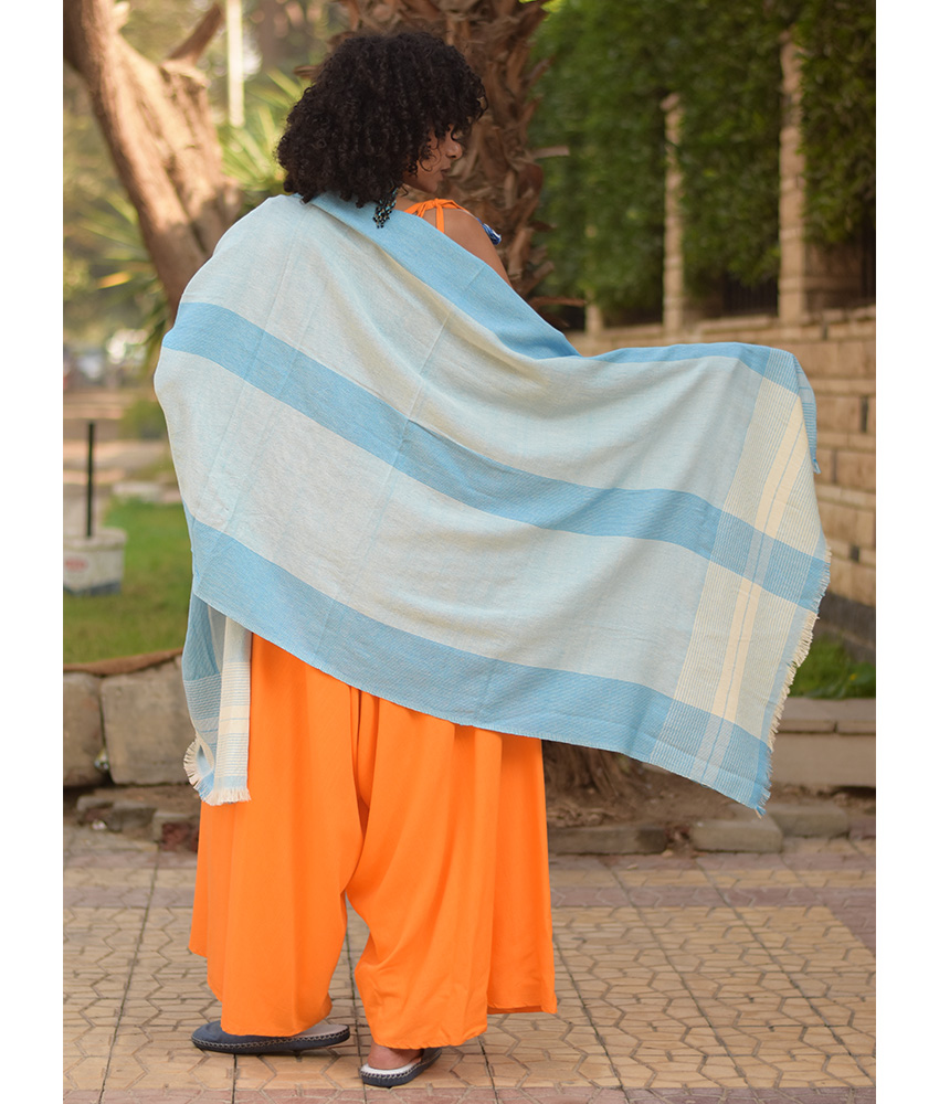 Baby blue & beige Handwoven Viscose/Cotton Shawl handmade in Egypt & available at Jozee Boutique.handmade in Egypt & available at Jozee Boutique.