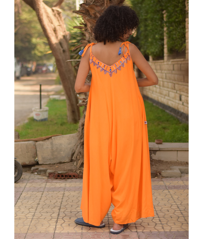 Orange Siwa Embroidered Linen Flowy Jumpsuit/Dress handmade in Egypt & available at Jozee Boutique.