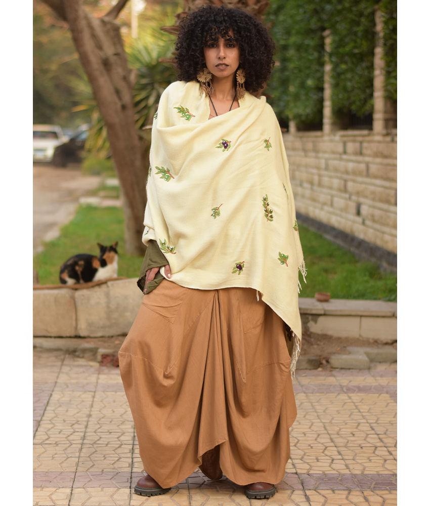 Light Beige & Green Handwoven Viscose Shawl with Hand Embroideries handmade in Egypt & available at Jozee Boutique.handmade in Egypt & available at Jozee Boutique.