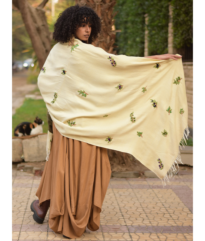 Light Beige & Green Handwoven Viscose Shawl with Hand Embroideries handmade in Egypt & available at Jozee Boutique.handmade in Egypt & available at Jozee Boutique.