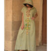 Light olive Siwa Heavily Embroidered Linen Dress with Hoodie handmade in Egypt & available at Jozee Boutique.