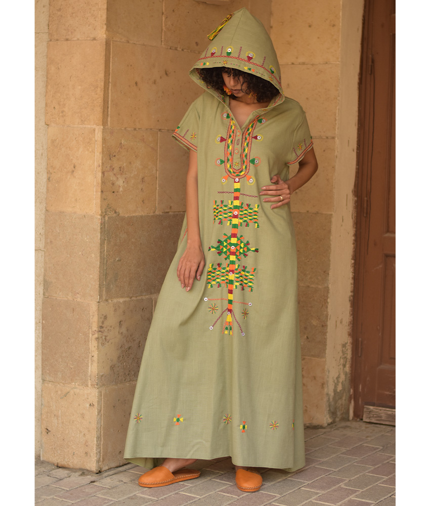 Light olive Siwa Heavily Embroidered Linen Dress with Hoodie handmade in Egypt & available at Jozee Boutique.