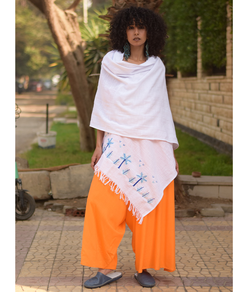 White Embroidered Linen Shawl handmade in Egypt & available at Jozee Boutique.handmade in Egypt & available at Jozee Boutique.