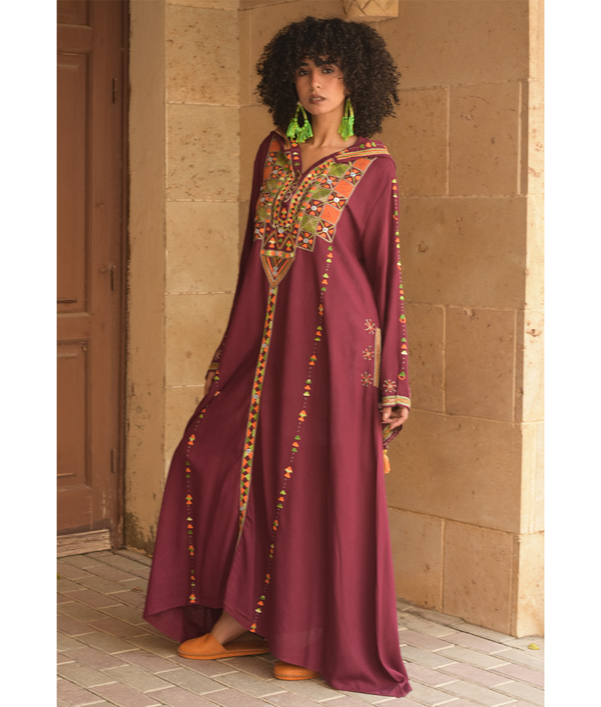 Burgundy Siwa Embroidered Linen Dress with Hoodie handmade in Egypt & available at Jozee Boutique.