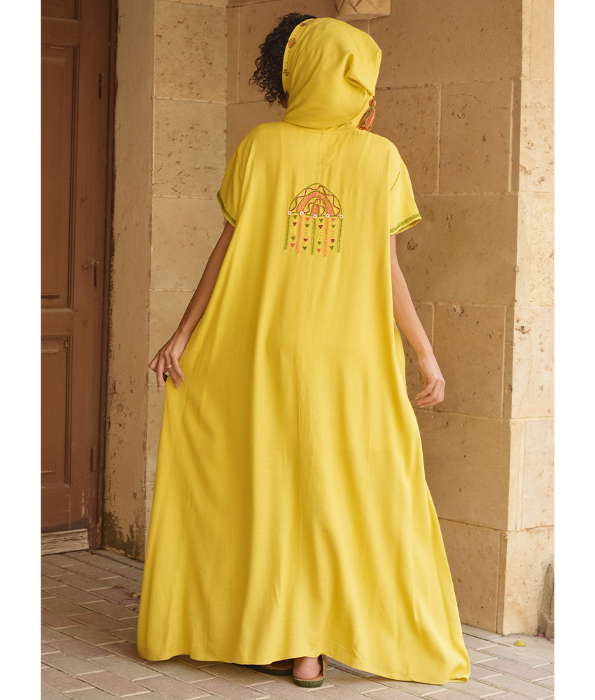 Mustard Siwa Embroidered Linen Dress with Hoodie handmade in Egypt & available at Jozee Boutique.