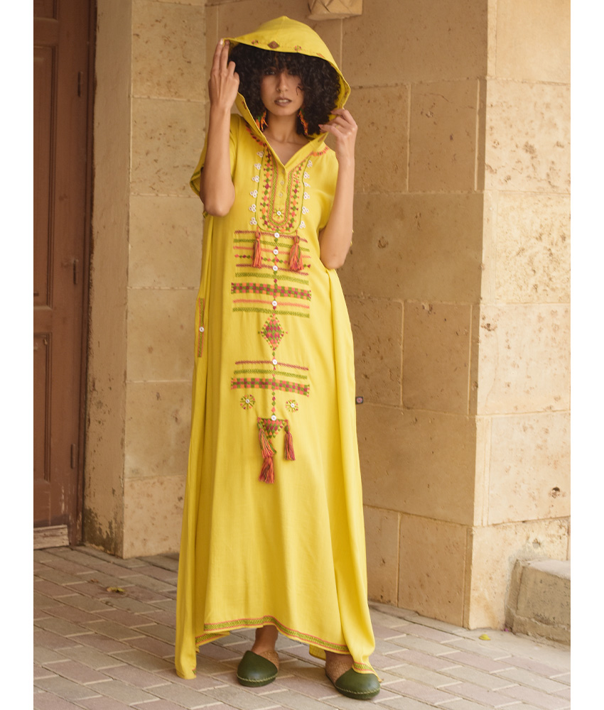 Mustard Siwa Embroidered Linen Dress with Hoodie handmade in Egypt & available at Jozee Boutique.