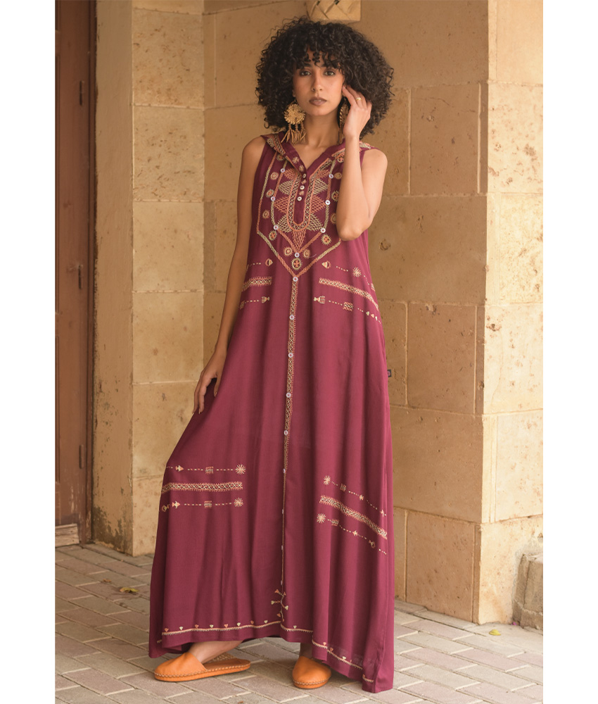 Burgundy Siwa Heavily Embroidered Linen Dress with Hoodie handmade in Egypt & available at Jozee Boutique.