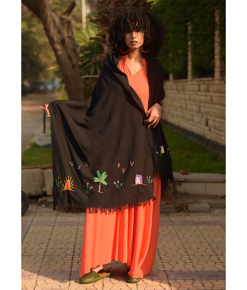 Black Embroidered Linen Shawl handmade in Egypt & available at Jozee Boutique.handmade in Egypt & available at Jozee Boutique.