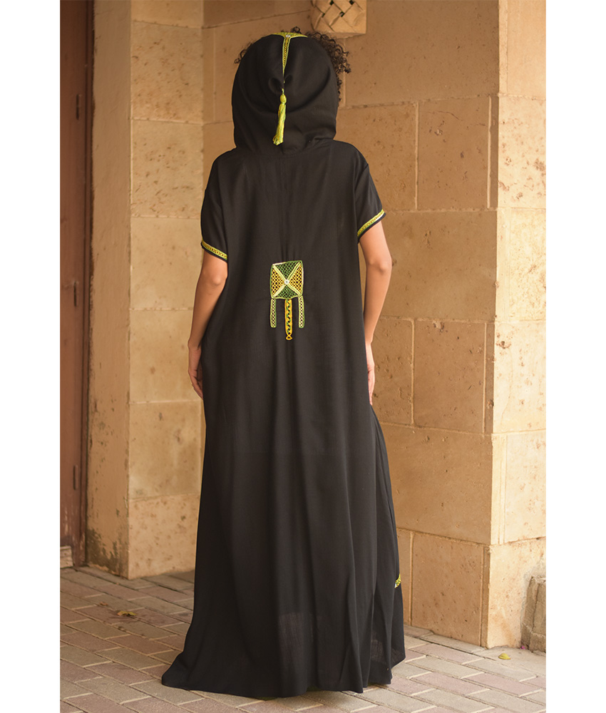 Black Siwa Heavily Embroidered Linen Dress with Hoodie handmade in Egypt & available at Jozee Boutique.