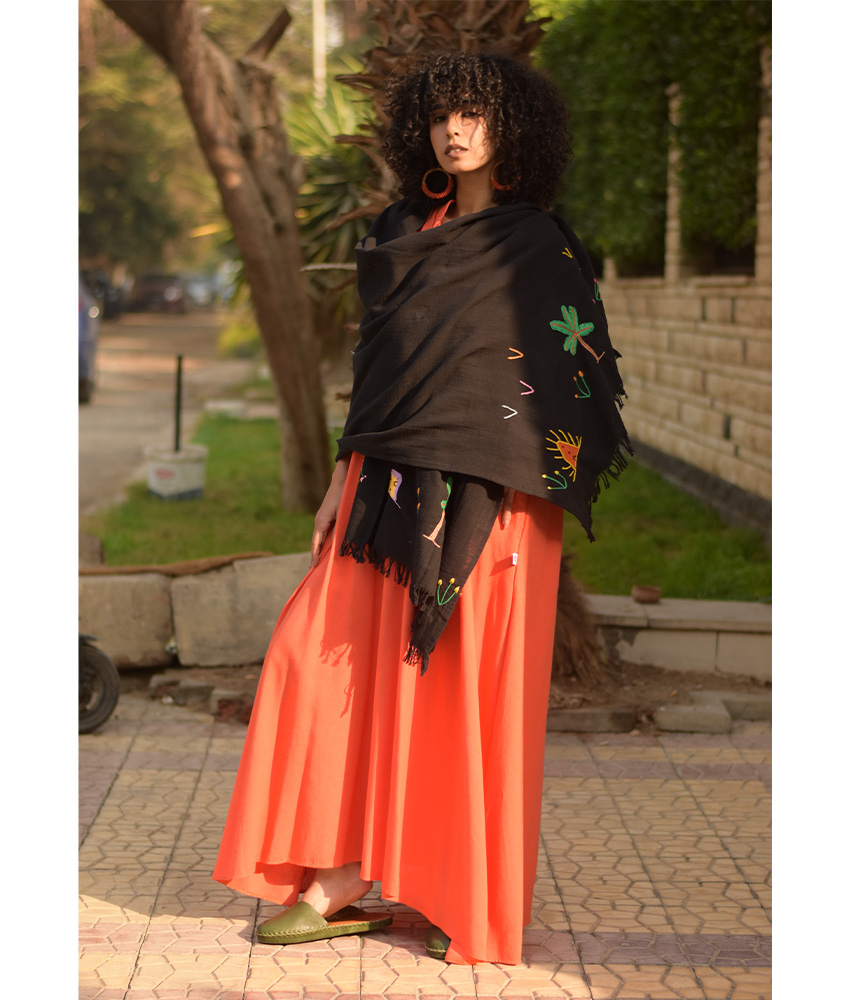 Black Embroidered Linen Shawl handmade in Egypt & available at Jozee Boutique.handmade in Egypt & available at Jozee Boutique.