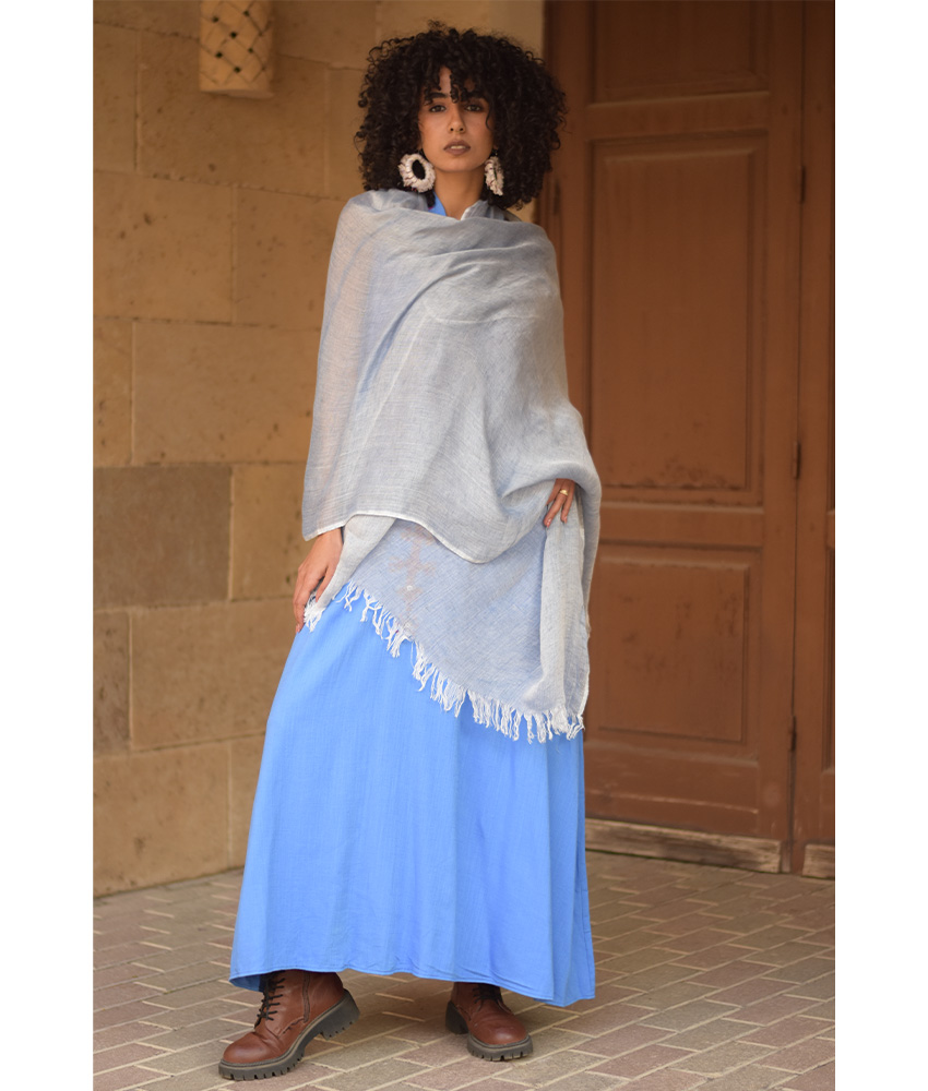 Baby blue Loomwoven Linen Shawl handmade in Egypt & available at Jozee Boutique.handmade in Egypt & available at Jozee Boutique.